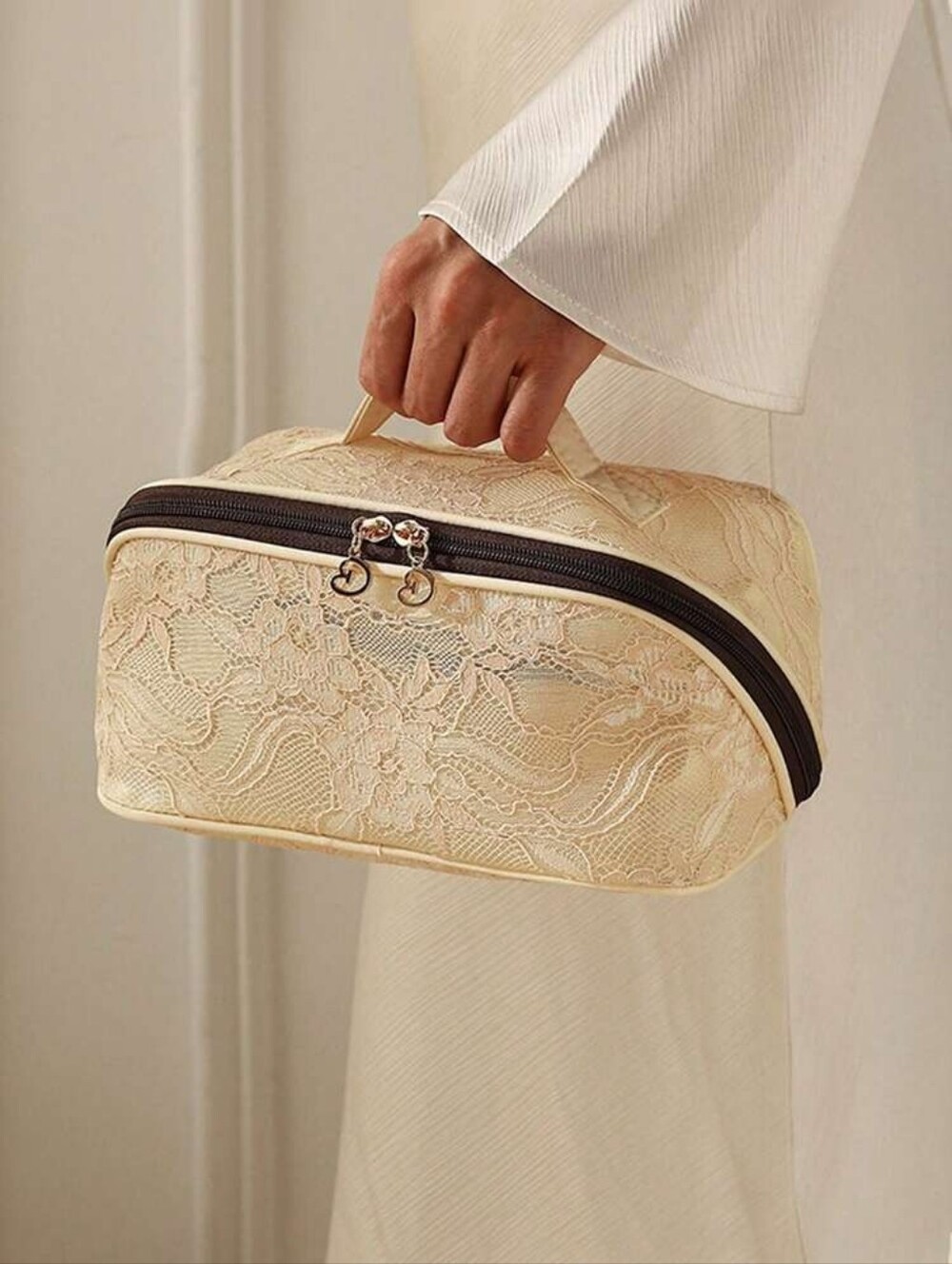 Lace Overlay Cream Cosmetic Travel Bag